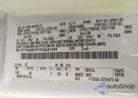 2012 Ford E-250 Commercial from USA, damaged, VIN 1FTNS2EW1CDA41355